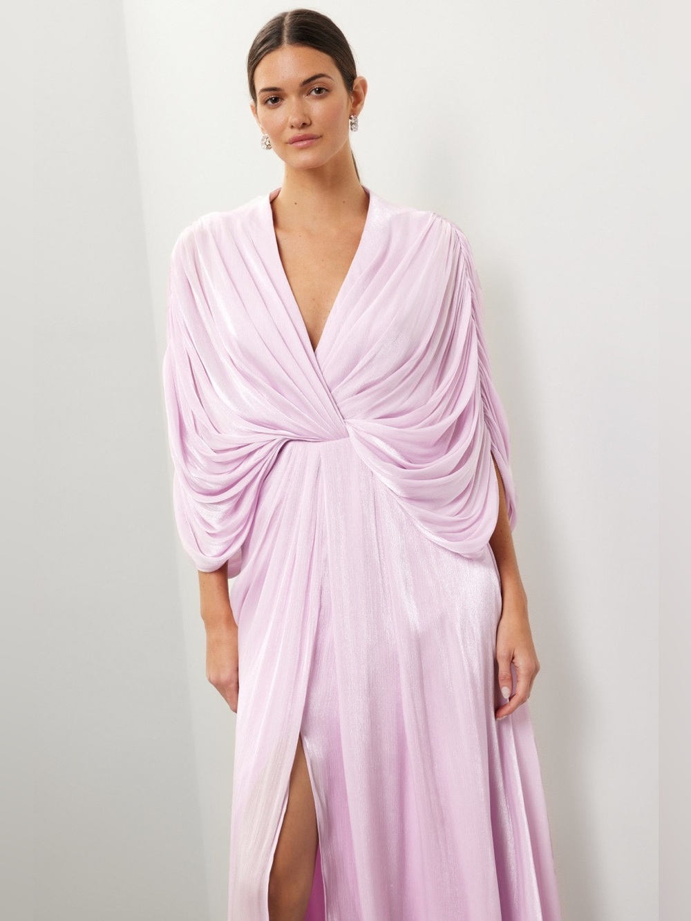 Badgley Mischka Soft Lilac Draped V-Neck Maxi Gown - Picture 3 of 11